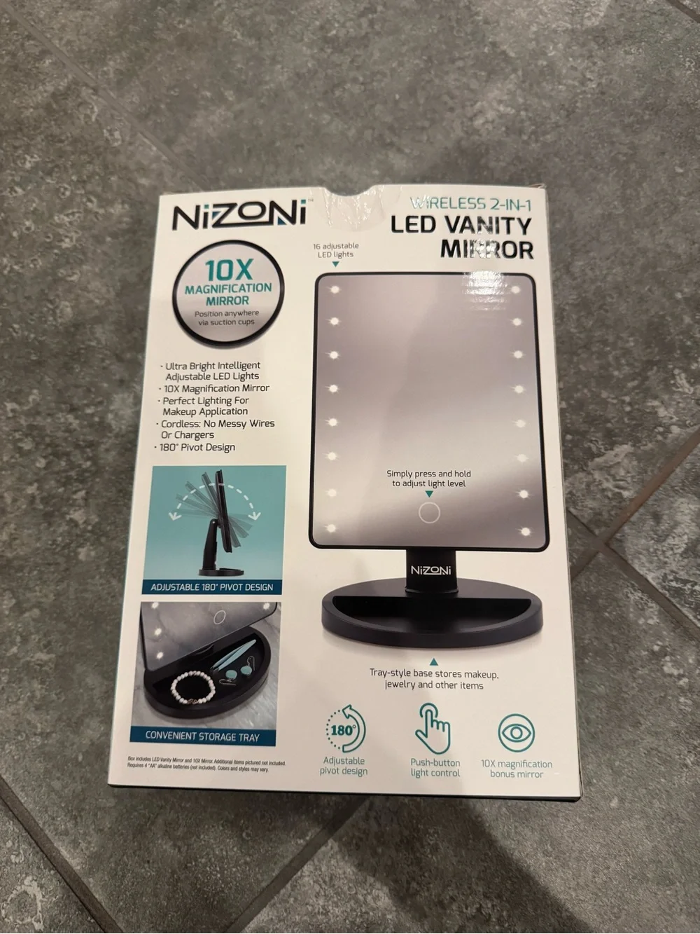 NiZONI Wireless 2-in-1 LED Vanity Mirror 10X Magnification 16X bright LED NEW